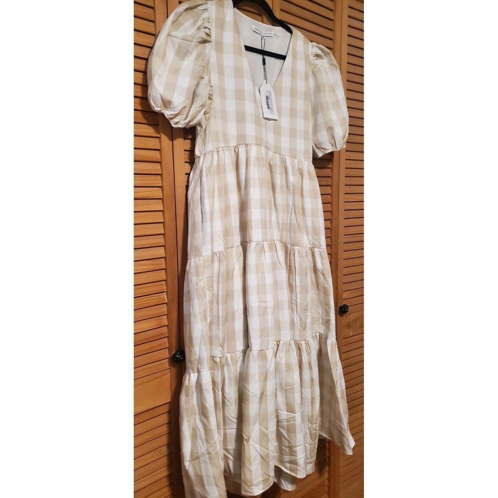 English Factory Tan And White Gingham Midi Dress Size Medium - Picture 3 of 13